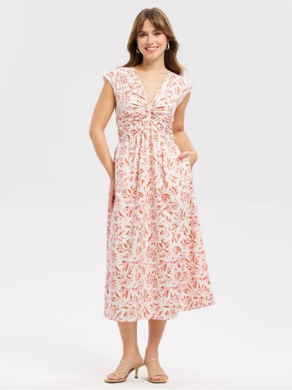 Women's Twist-Front Midi Dress - A New Day Pink Leaf M